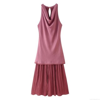 Women's Elegant Cowl Neck Sleeveless Satin Patchwork Maxi Dress Pleated Bodycon Long Evening Party Dress For Ladies Autumn Fashion