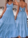 Women's Elegant Summer Maxi Dress Spaghetti Strap V Neck Backless Tie Back Tiered Ruffle Layered French Chic Solid Color Polyester Elastane Wrinkled Knitted Dress for Beach Vacation Holiday Party