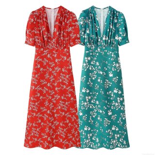 Women's Floral Print V Neck Maxi Dress Short Sleeve Ruched High Waist Summer Autumn Streetwear Boho Party Dress For Ladies