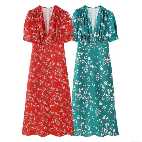 Women's Floral Print V Neck Maxi Dress Short Sleeve Ruched High Waist Summer Autumn Streetwear Boho Party Dress For Ladies