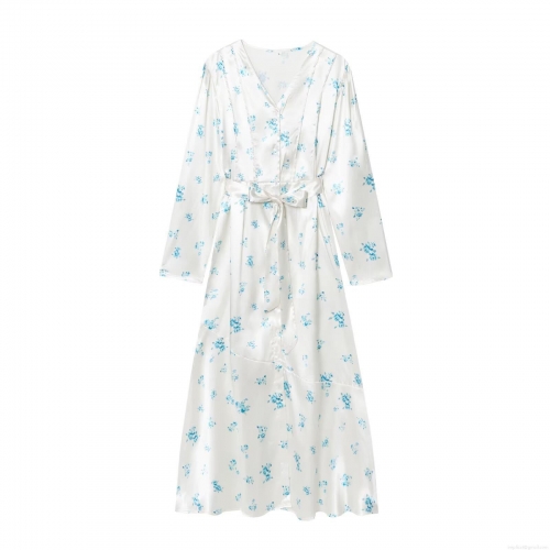 Women Western V-Neck Waist Tie Satin Texture Maxi Dress Elegant Long Sleeve Blue Floral Print Split A-Line Party Dresses For Ladies