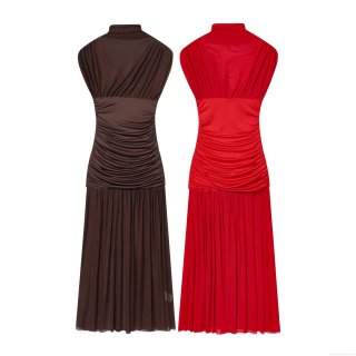 Women's Elegant Mock Neck Sleeveless Mesh Patchwork Dress Sexy Ruched Pleated Maxi Dress For Party Club Streetwear Polyester Bodycon Long Dress