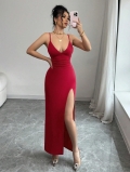 Women Sexy Red Bodycon Maxi Dress Polyester Elastane High Slit Ruched U Neck Sleeveless Backless Long Sling Dress For Party Club Nightwear
