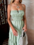 Women's Bohemian Spaghetti Strap Maxi Dress Sage Green Polyester Elastane Backless Hollow Out Smocking Tiered Summer Long Dress For Vacation Beachwear