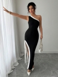 Sexy One Shoulder Color Block High Slit Maxi Dress Slim Fit Side Tie Evening Party Long Dress for Women Summer Fashion Western Style Clothing