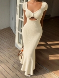 French Style Sexy Knitted Fishtail Maxi Dress For Women V Neck Short Sleeve Cutout Bow Bodycon Long Dress Polyester Spandex Party Banquet Socialite Summer Vacation