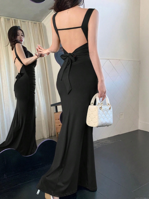 Sexy Backless Maxi Dress French Style Bodycon Knitted Long Dress For Women Evening Party Clubwear With Bow Decoration Polyester Elastane Slim Fit Sleeveless Dress