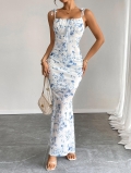 Women Sexy Floral Print Cami Maxi Dress Ruched Bodycon Tie Shoulder Summer Beach Vacation Polyester Elastane Elegant Long Dress