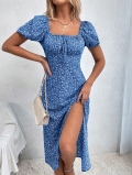Women's Elegant Floral Print Dress Polyester Spandex Square Neck Puff Sleeve Side Split Summer Vacation Beach Party Boho A-Line Slim Fit Maxi Dress