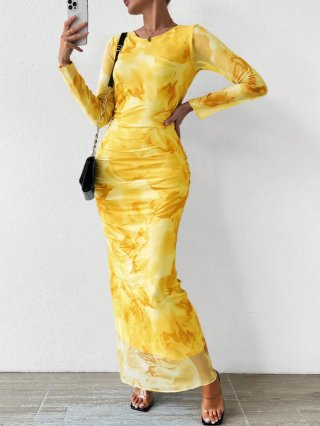 Women's Sexy Ruched Long Sleeve Maxi Dress Floral Print Polyester Mesh Slim Fit Round Neck Bodycon Long Dress For Party Clubwear