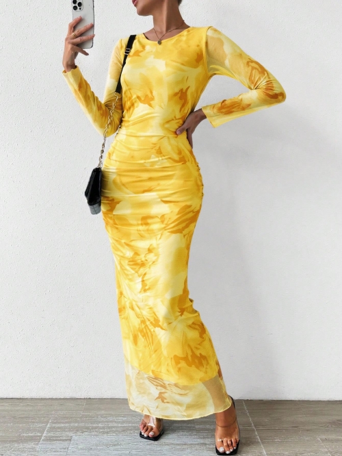 Women's Sexy Ruched Long Sleeve Maxi Dress Floral Print Polyester Mesh Slim Fit Round Neck Bodycon Long Dress For Party Clubwear
