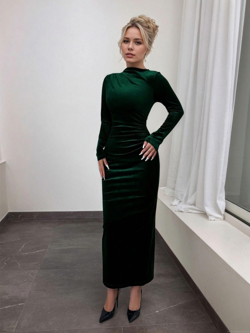 Women's Sexy Slim Fit Velvet Maxi Dress High Neck Long Sleeve Ruched Bodycon Evening Party Long Dresses For Autumn Winter Ladies Clothing