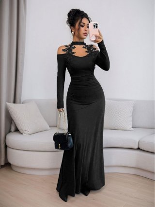 Black Bodycon Maxi Dress For Women Elegant Long Sleeve Halter Hollow Lace Flower Applique Slim Fit Party Evening Gown