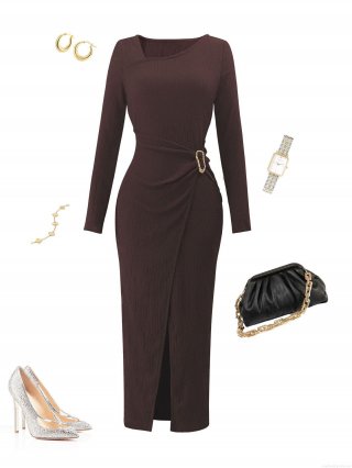 Elegant Dark Brown Knit Maxi Dress With Metal Ring Side Slit Pleated Texture Long Sleeve Slim Fit Autumn Winter Women Fashion Long Dress