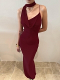 Women Sexy Halter V Neck Backless Maxi Dress Slim Fit Solid Color Milk Silk Long Dress For Evening Party Clubwear Night Out
