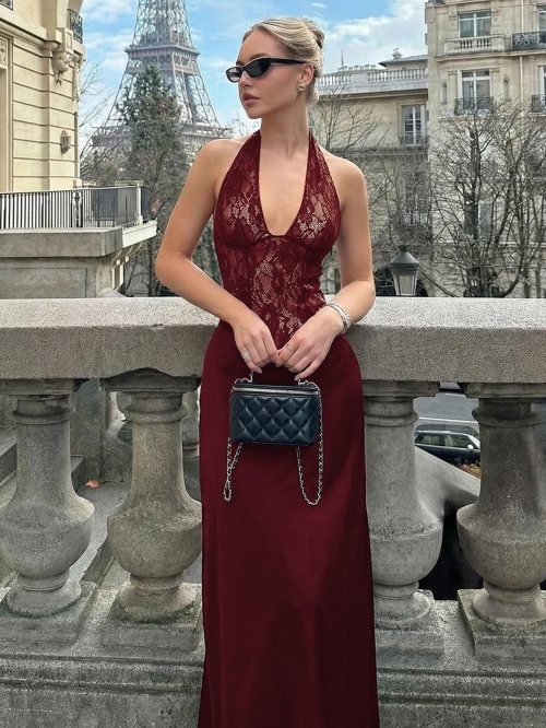 Women Halter Neck Maxi Dress Sexy Lace Splicing Backless Deep V Neck Satin Bodycon Long Dress For Evening Party Cocktail Event