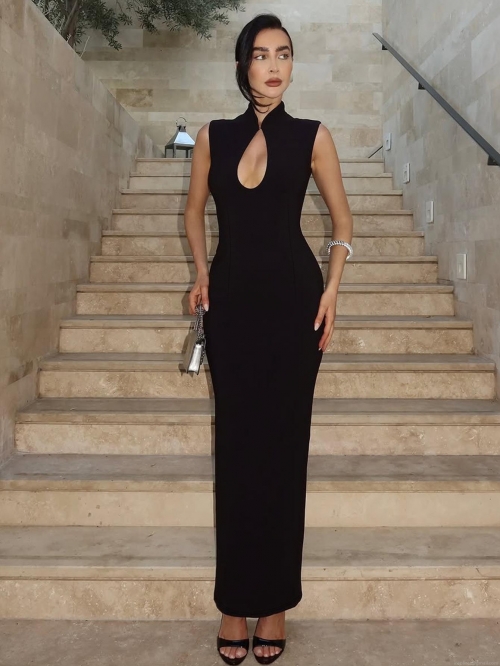 Women Sleeveless Cutout Maxi Dress Stand Collar Back Slit Slim Fit Sexy Elegant Knit Party Evening Dress Polyester Spandex Long Dress