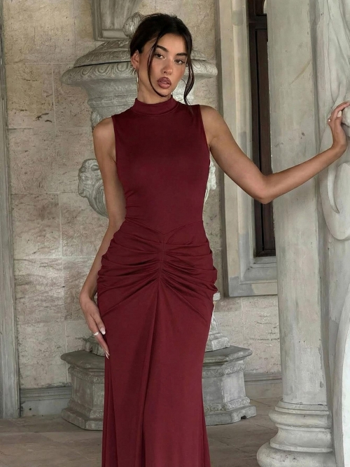 Women Sexy Ruched Sleeveless Maxi Dress Polyester Spandex High Neck Slim Fit Evening Party Gown Elegant Summer Vacation Back Split Long Dress