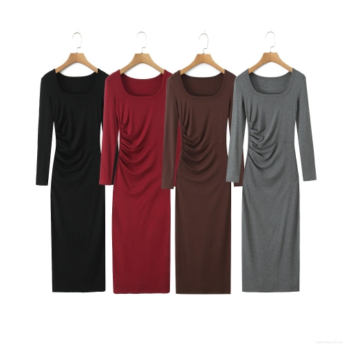 Women's Square Neck Ruched Bodycon Maxi Dress Long Sleeve Ribbed Knit Solid Color Slim Fit Rayon Spandex Streetwear Casual Long Dress