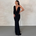 Women Elegant One Shoulder Long Sleeve Maxi Dress Sexy Backless Cowl Neck Bodycon Fish Tail Polyester Spandex Evening Gown For Wedding Party Gala