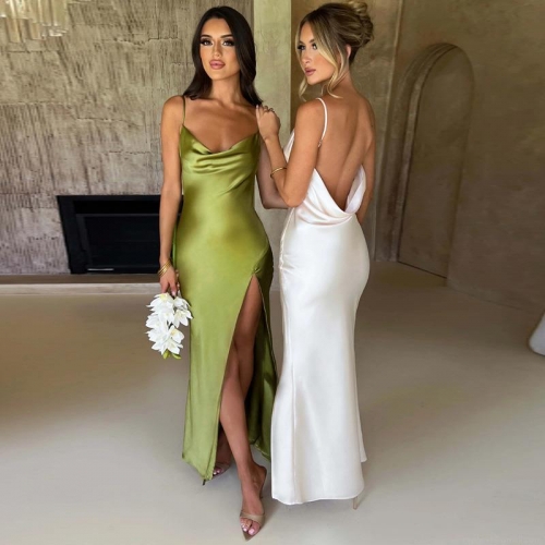 Elegant Satin Backless Maxi Dress For Women Sexy Cowl Neck Spaghetti Strap Side Split Evening Party Long Dress Summer Solid Color Slim Fit Wedding Guest Outfits