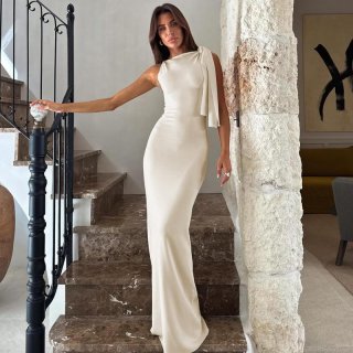 Elegant One Shoulder Maxi Dress With Streamer Ribbon Detail Sexy Sleeveless Bodycon Solid Color Long Dress For Women Formal Party Wedding Banquet Evening Wear