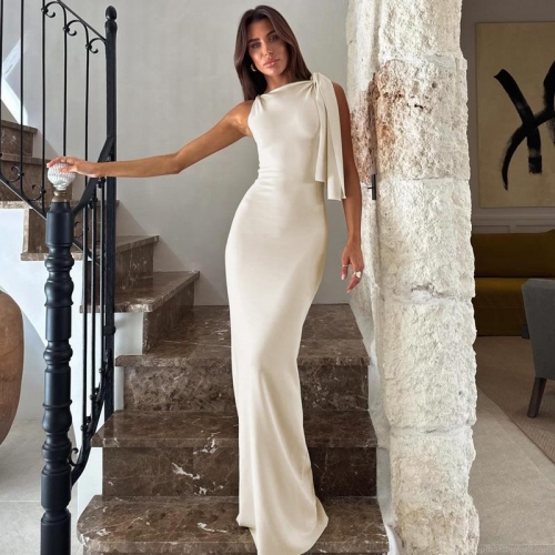 Elegant One Shoulder Maxi Dress With Streamer Ribbon Detail Sexy Sleeveless Bodycon Solid Color Long Dress For Women Formal Party Wedding Banquet Evening Wear