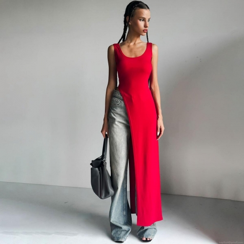 Women's Sleeveless High Slit Maxi Dress Sexy Asymmetrical Bodycon Long Dress Polyester Spandex Summer Streetwear Party Clubwear Solid Color