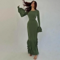 Women's Elegant Solid Color Bodycon Maxi Dress Long Flare Sleeve Ruffle Fishtail Evening Party Dress With Back Tie Polyester Spandex Dress