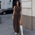 Women Sleeveless Pleated Maxi Dress High Slit Bodycon Long Dress Elegant Round Neck Polyester Spandex Evening Party Summer Clubwear For Women