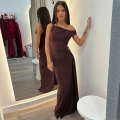 Women's One Shoulder Ruched Maxi Dress Sexy Side Cut Out Metal Ring Slim Fit Elegant Floor Length Party Evening Clubwear Polyester Spandex Dress
