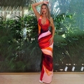 Women Halter Backless Maxi Dress Polyester Spandex Abstract Marble Print High Slit Bodycon Floor Length Sexy Sundress For Summer Party Vacation Clubwear