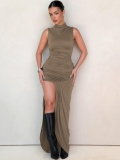 Women Sexy Sleeveless High Neck Ruched Maxi Dress Side High Slit Bodycon Dress For Party Club Night Out Summer Elegant Vacation Dresses Polyester Spandex