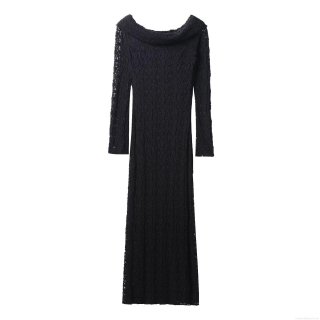 Women Sexy Black Lace Off-Shoulder Maxi Dress Long Sleeve Bodycon Patchwork Evening Party Long Dress Elegant Streetwear For Lady