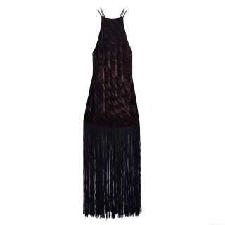 Sexy Halter Backless Fringe Maxi Dress Women Solid Color Polyester Sleeveless Bodycon Evening Dress Long Tassel Clubwear Streetwear