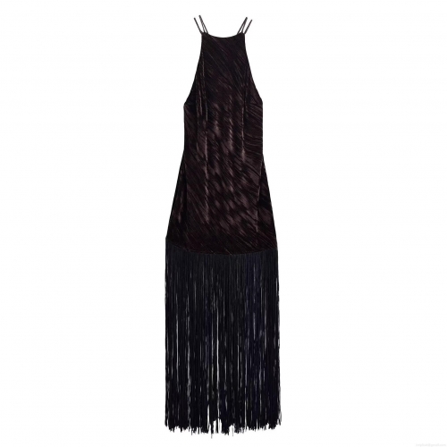 Sexy Halter Backless Fringe Maxi Dress Women Solid Color Polyester Sleeveless Bodycon Evening Dress Long Tassel Clubwear Streetwear