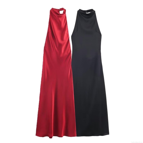 Women's Sexy Halter Backless Satin Maxi Dress Elegant Sleeveless Silk Texture A-Line Evening Party Dress Solid Color Formal Long Dress For Women