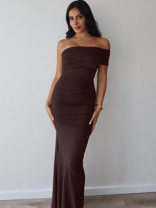Women's Sexy One Shoulder Ruched Maxi Dress Elegant Backless High Split Slim Fit Evening Party Long Dress 95% Polyester 5% Spandex