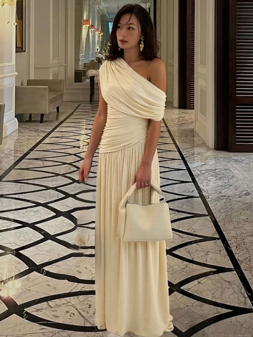 Sexy One Shoulder Pleated Maxi Dress Elegant Sleeveless Ruched Irregular Hem Bodycon Evening Party Long Dress For Women