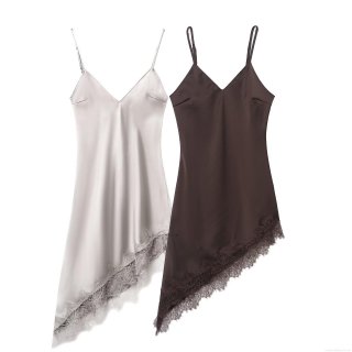 Women's Satin Lace Patchwork Slip Dress Sexy Deep V-Neck Asymmetrical Hem Midi Dress Elegant Adjustable Spaghetti Strap Party Clubwear Nightgown