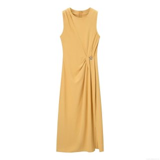 Women's Ginger Yellow Sleeveless Maxi Dress Elegant Pleated Texture Round Neck With Metal Ring Decoration Twist Knot Waist Slim Fit Side Slit A-Line Polyester Long Dress For Casual Party