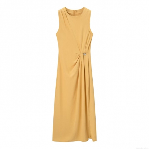 Women's Ginger Yellow Sleeveless Maxi Dress Elegant Pleated Texture Round Neck With Metal Ring Decoration Twist Knot Waist Slim Fit Side Slit A-Line Polyester Long Dress For Casual Party
