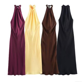 Elegant Halter Neck Backless Satin Maxi Dress For Women Sexy Sleeveless Solid Color Silk Texture Long Evening Party Vacation Dress