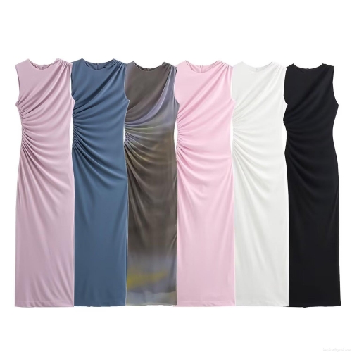 Women's Western Style Sleeveless Ruched Maxi Dress Polyester Knit Slim Fit Round Neck Pleated Long Dress For Summer Casual Party Streetwear