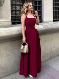Women Sexy Backless Maxi Dress Polyester Spandex Blend Slim Waist Large Swing Square Neck Sleeveless Camisole Dress For Summer Party Vacation Elegant Evening Gown