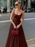 Women Sexy Backless Spaghetti Strap Maxi Dress Polyester Spandex Blend Twist Knot Waist Pleated Slim Fit Summer Vacation Party French Style Elegant Long Dress