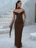 Women Sexy V Neck Off Shoulder Maxi Dress Ruched Slim Fit Side Slit Party Evening Long Dress With Streamer Elegant Solid Color Bodycon Wedding Guest Gown