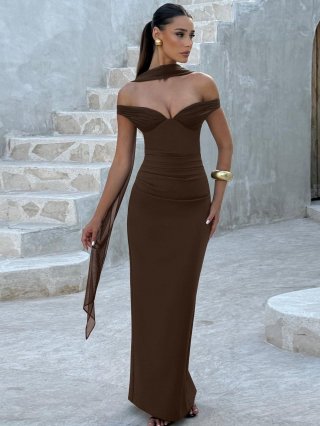 Women Sexy V Neck Off Shoulder Maxi Dress Ruched Slim Fit Side Slit Party Evening Long Dress With Streamer Elegant Solid Color Bodycon Wedding Guest Gown