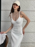 Women's Sexy Ribbed Knit Maxi Dress With Twisted Straps Cross Back Bodycon Sleeveless U-Neck Solid Color Long Sun Dress For Summer Vacation Party