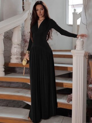 Elegant Deep V-Neck Long Sleeve Maxi Dress For Women Solid Color High Waist Pleated A-Line Long Party Evening Wedding Guest Dress Polyester Spandex Blend